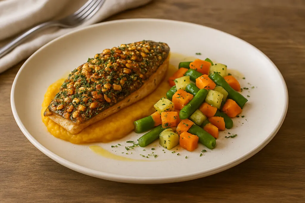 Almond-herb crusted trout on a bed of baked plantain purée with diced sautéed vegetables