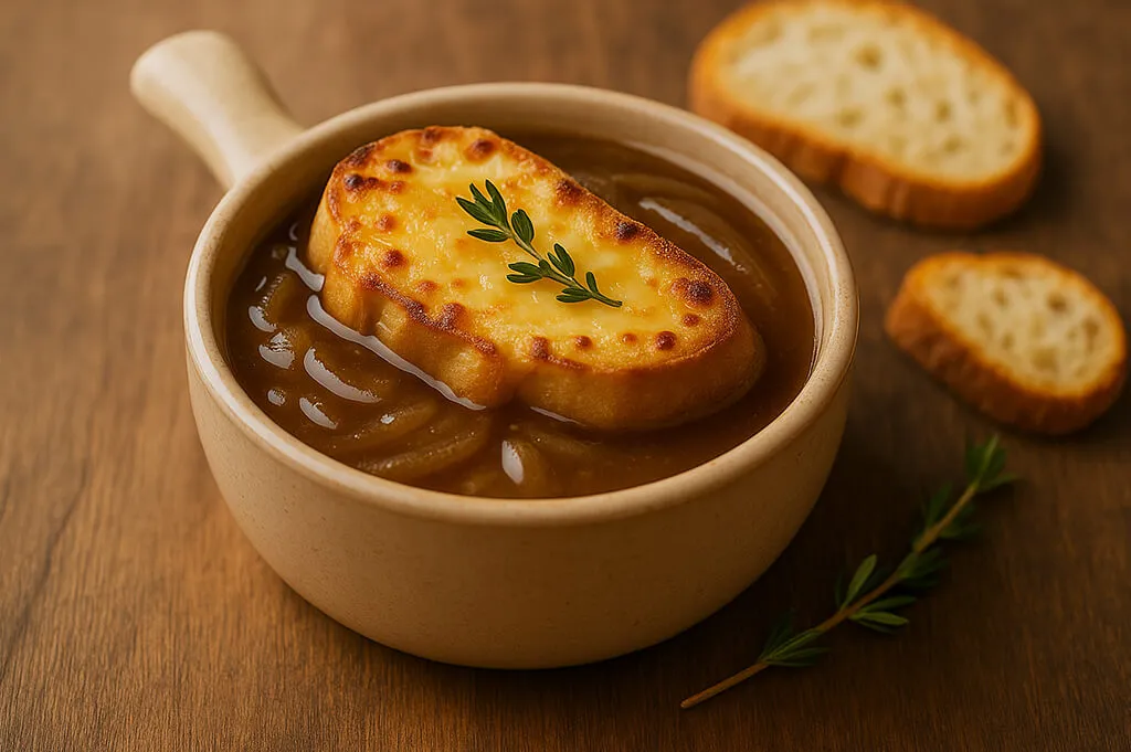 French onion soup gratinéed with gouda and baguette in a stoneware bowl, thyme on top