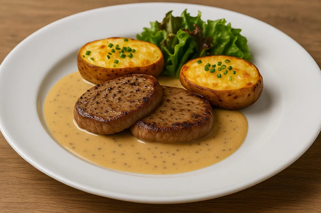 Peppercorn tenderloin medallions glazed with creamy sauce, stuffed potatoes with scallions and a fresh salad