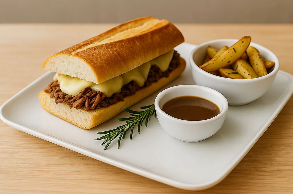 Shredded beef baguette cut on a diagonal in a V with melted cheese and rosemary potato wedges