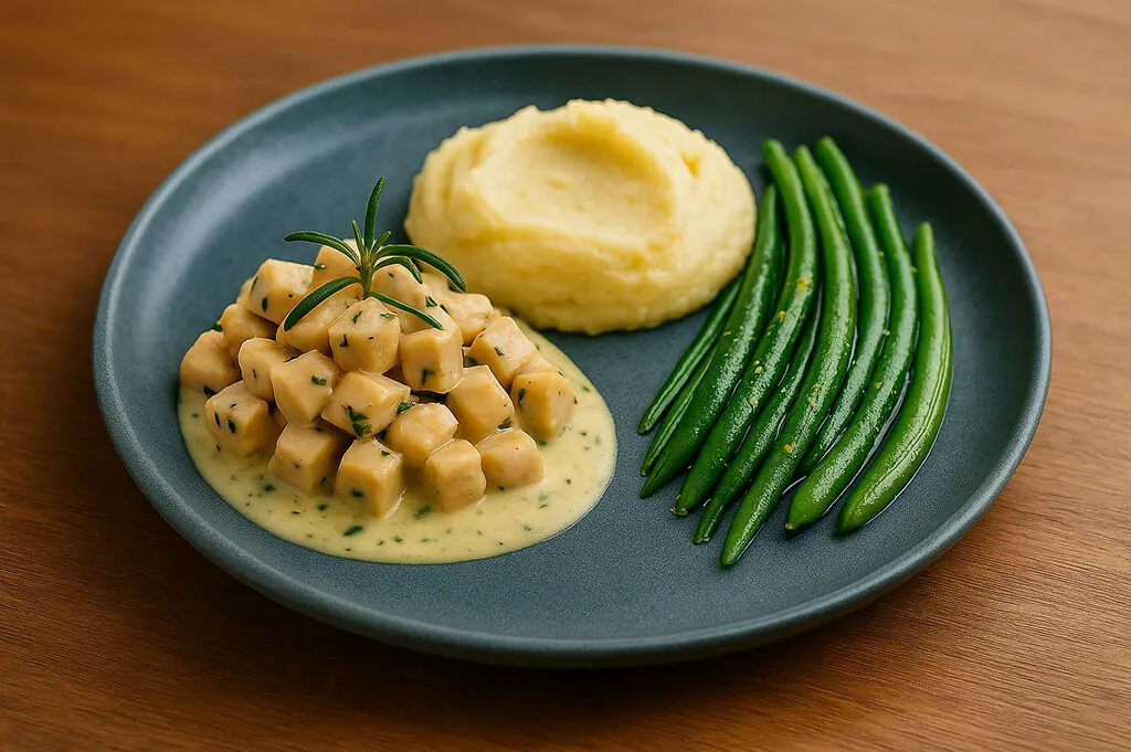 Tarragon chicken in creamy sauce with rustic potato mash and butter-lemon green beans