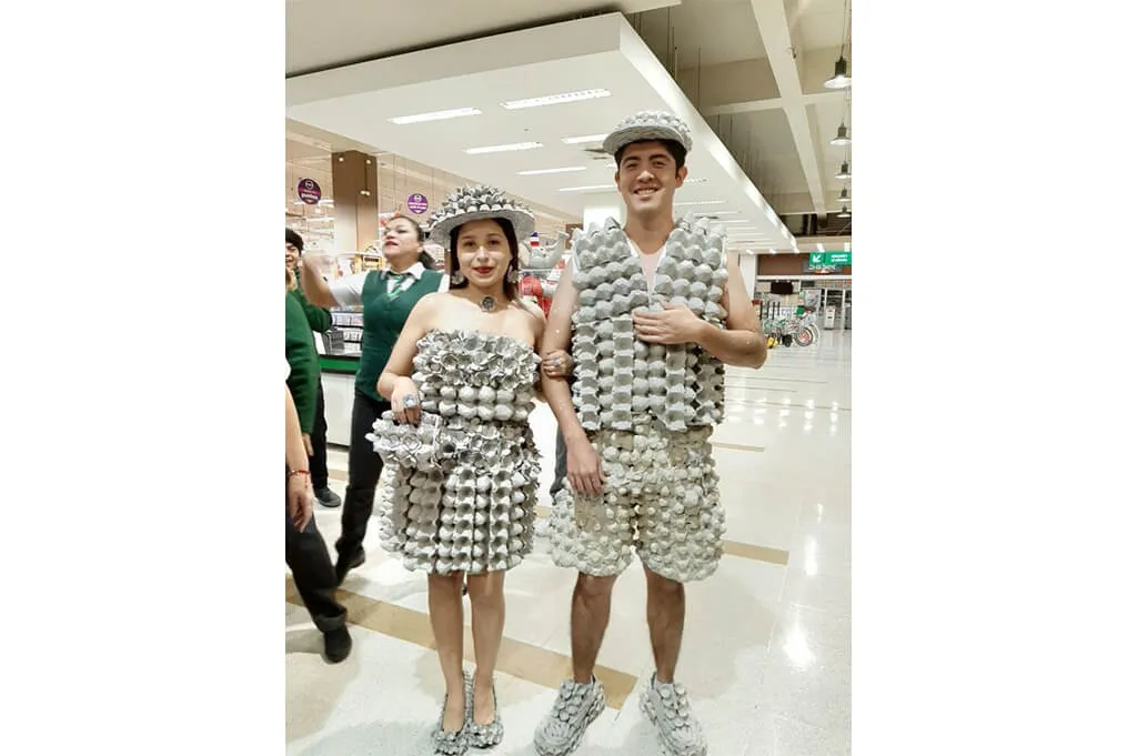 Egg carton costumes—skirt, vest and hats made from recycled paper trays