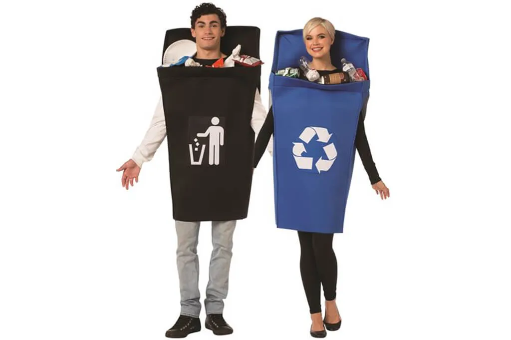 Couple dressed as trash and recycling bins—easy cardboard DIY Halloween costumes