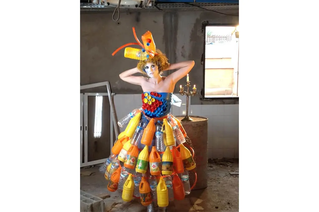 Recycling Queen costume made from plastic bottles and caps—DIY Halloween costume with recycled materials